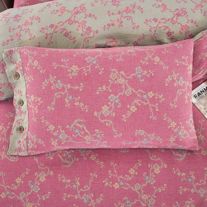 91家纺网 家纺一手货源 找家纺 云天家纺 2026新款A类全棉纯棉色织提花双层纱纽扣款四件套 醉梅