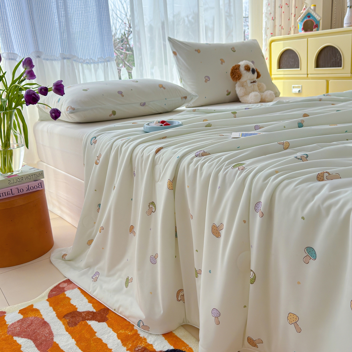 91家纺网 家纺一手货源 找家纺 弗苓家纺 2026新款麻绳款锦氨凉感丝夏被夏凉被空调被 小蘑菇