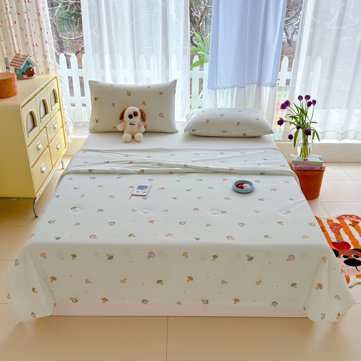 91家纺网 家纺一手货源 找家纺 弗苓家纺 2026新款麻绳款锦氨凉感丝夏被夏凉被空调被 小蘑菇