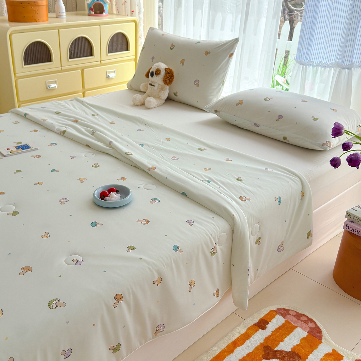 91家纺网 家纺一手货源 找家纺 弗苓家纺 2026新款麻绳款锦氨凉感丝夏被夏凉被空调被 小蘑菇