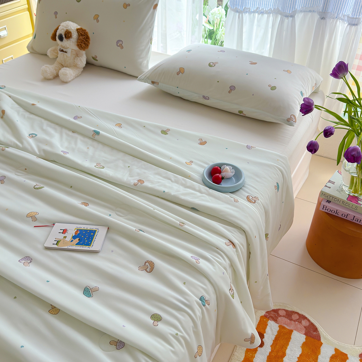 91家纺网 家纺一手货源 找家纺 弗苓家纺 2026新款麻绳款锦氨凉感丝夏被夏凉被空调被 小蘑菇