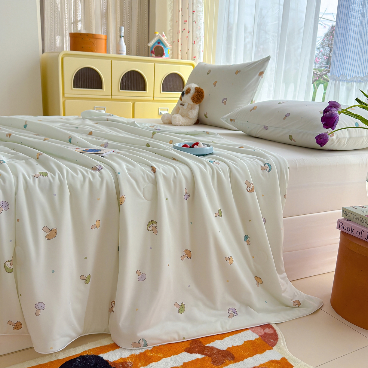 91家纺网 家纺一手货源 找家纺 弗苓家纺 2026新款麻绳款锦氨凉感丝夏被夏凉被空调被 小蘑菇