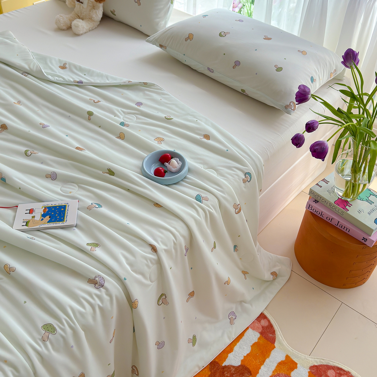 91家纺网 家纺一手货源 找家纺 弗苓家纺 2026新款麻绳款锦氨凉感丝夏被夏凉被空调被 小蘑菇