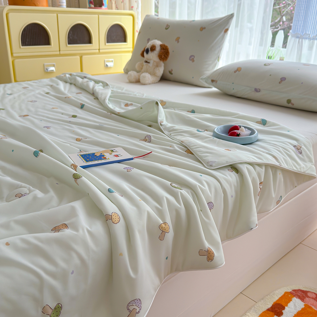 91家纺网 家纺一手货源 找家纺 弗苓家纺 2026新款麻绳款锦氨凉感丝夏被夏凉被空调被 小蘑菇