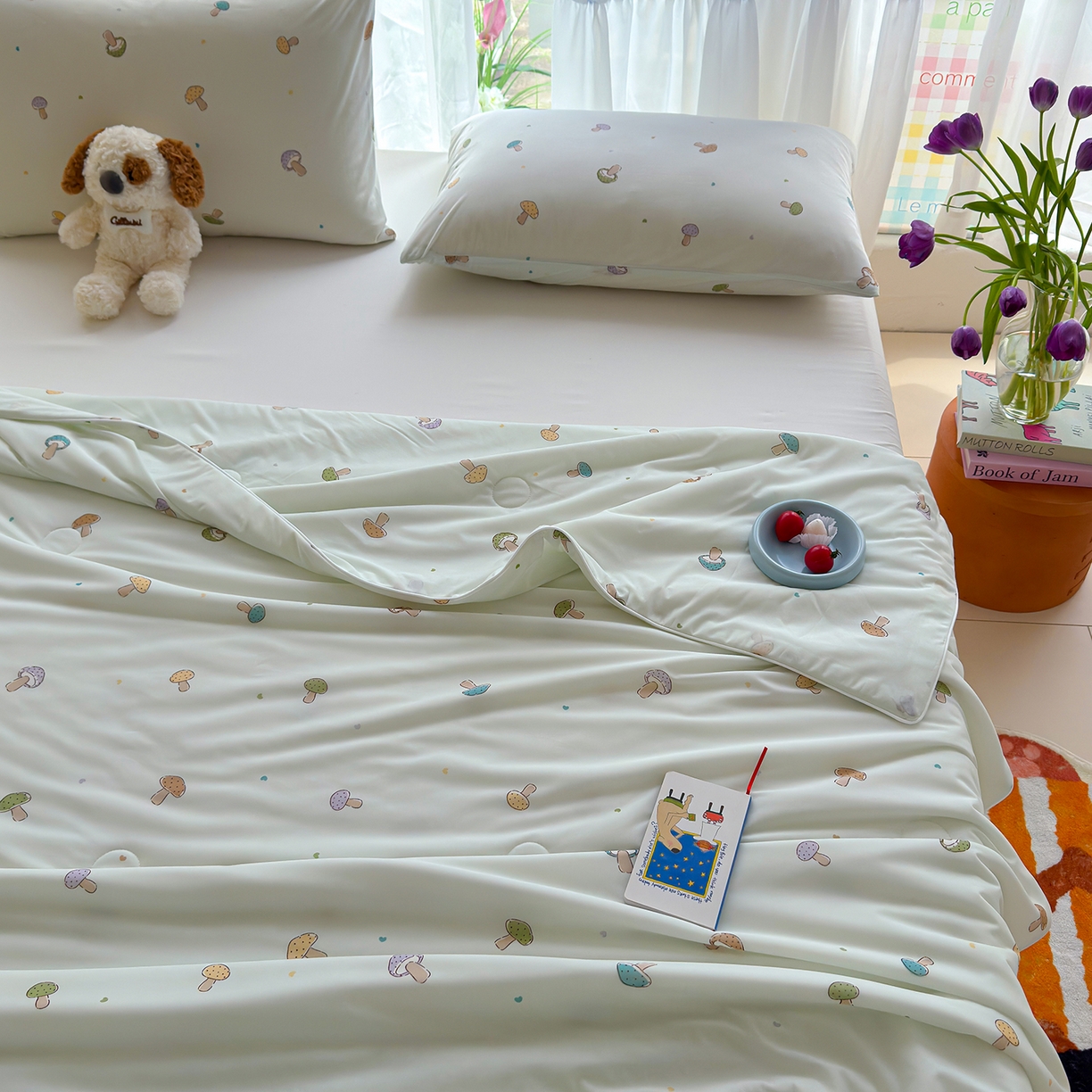 91家纺网 家纺一手货源 找家纺 弗苓家纺 2026新款麻绳款锦氨凉感丝夏被夏凉被空调被 小蘑菇