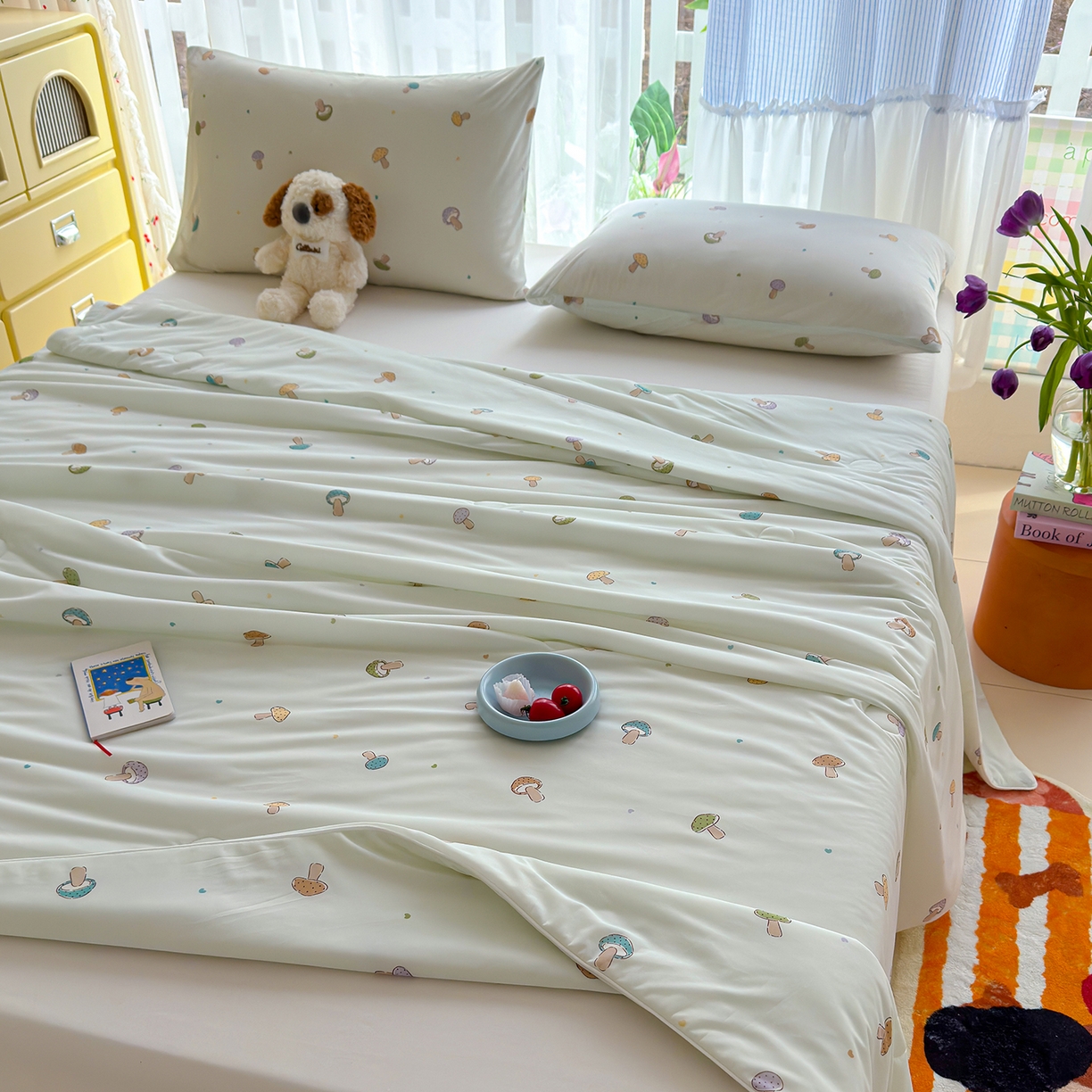 91家纺网 家纺一手货源 找家纺 弗苓家纺 2026新款麻绳款锦氨凉感丝夏被夏凉被空调被 小蘑菇