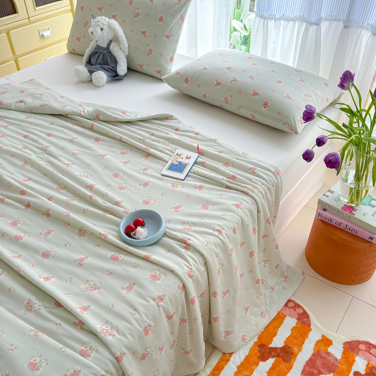 91家纺网 家纺一手货源 找家纺 弗苓家纺 2026新款麻绳款锦氨凉感丝夏被夏凉被空调被 春意