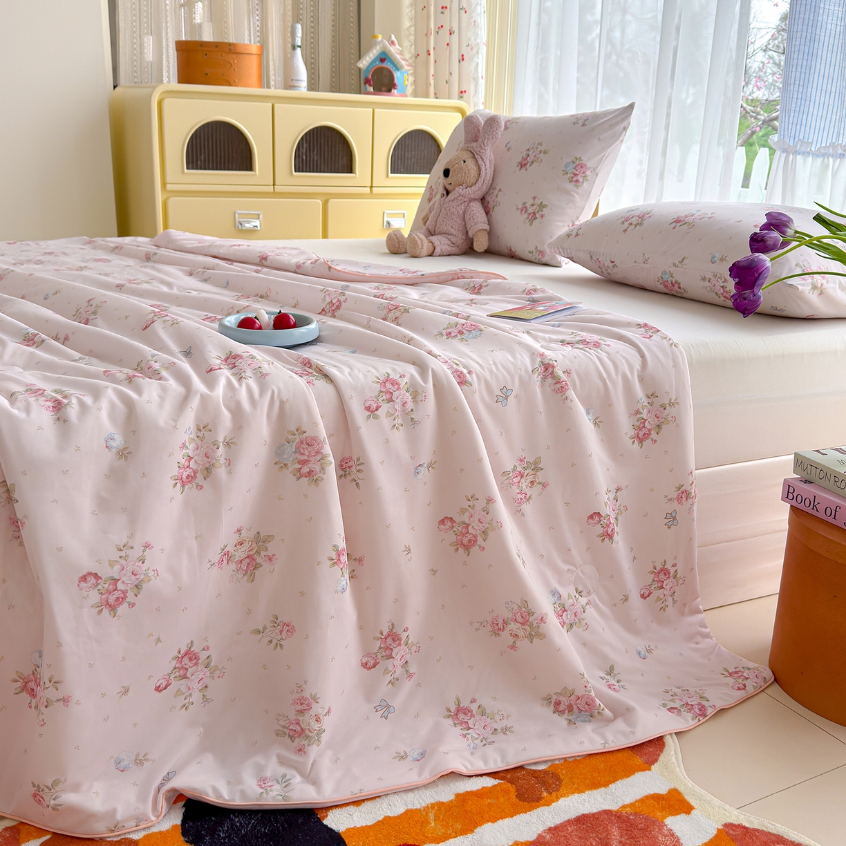 91家纺网 家纺一手货源 找家纺 弗苓家纺 2026新款麻绳款锦氨凉感丝夏被夏凉被空调被 粉樱花