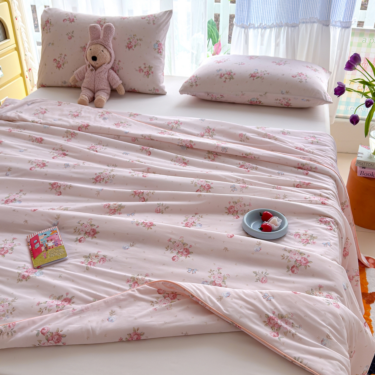 91家纺网 家纺一手货源 找家纺 弗苓家纺 2026新款麻绳款锦氨凉感丝夏被夏凉被空调被 粉樱花