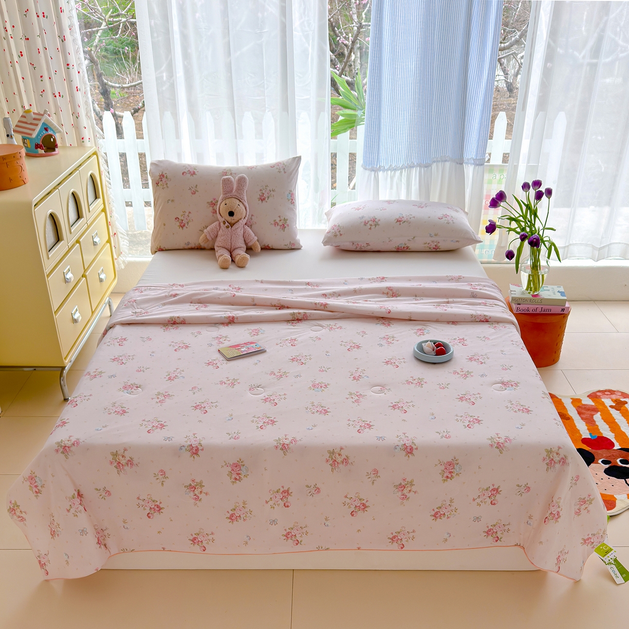 91家纺网 家纺一手货源 找家纺 弗苓家纺 2026新款麻绳款锦氨凉感丝夏被夏凉被空调被 粉樱花