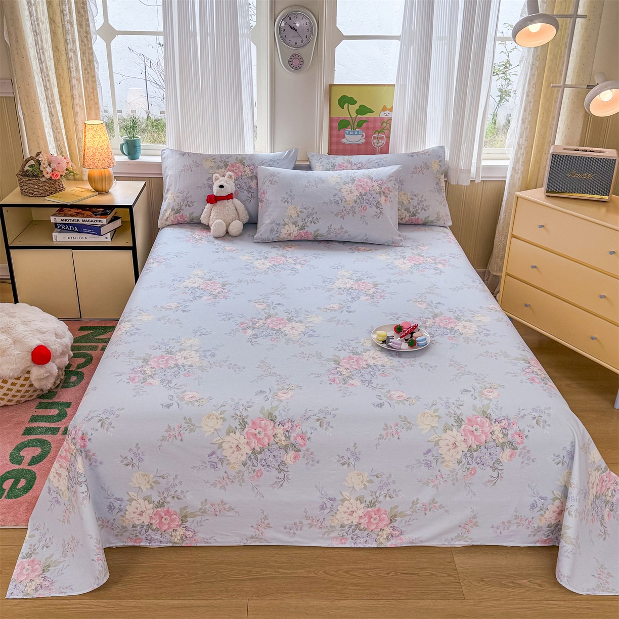 91家纺网 家纺一手货源 找家纺 晨晨家纺 2026春夏新款小清新全棉纯棉印花床单三件套 秘境