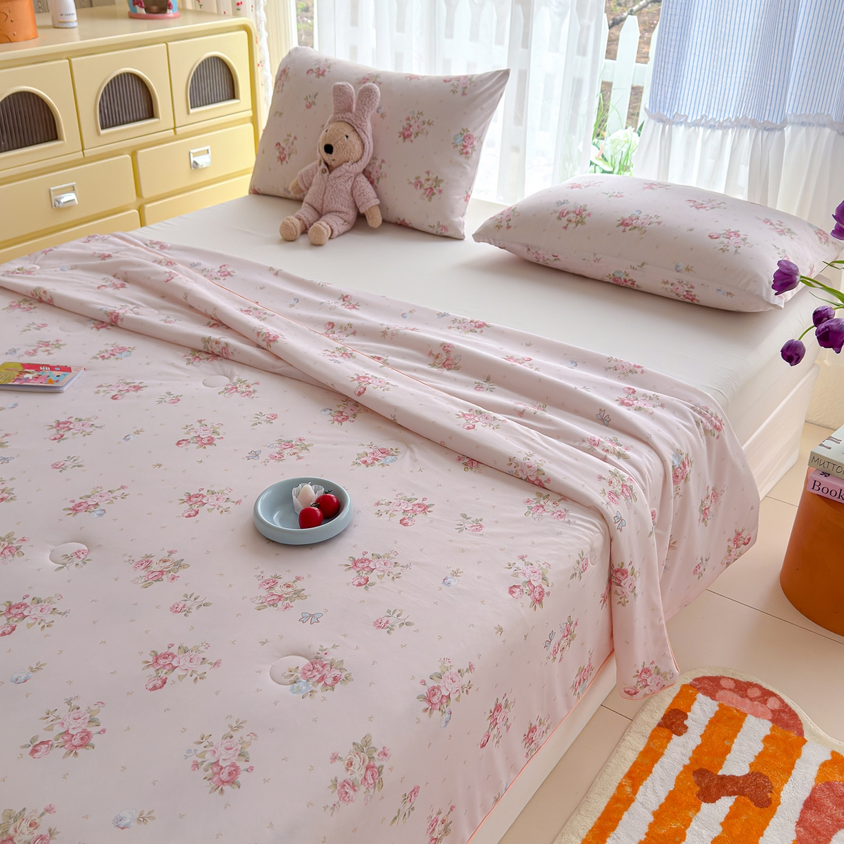 91家纺网 家纺一手货源 找家纺 弗苓家纺 2026新款麻绳款锦氨凉感丝夏被夏凉被空调被 粉樱花