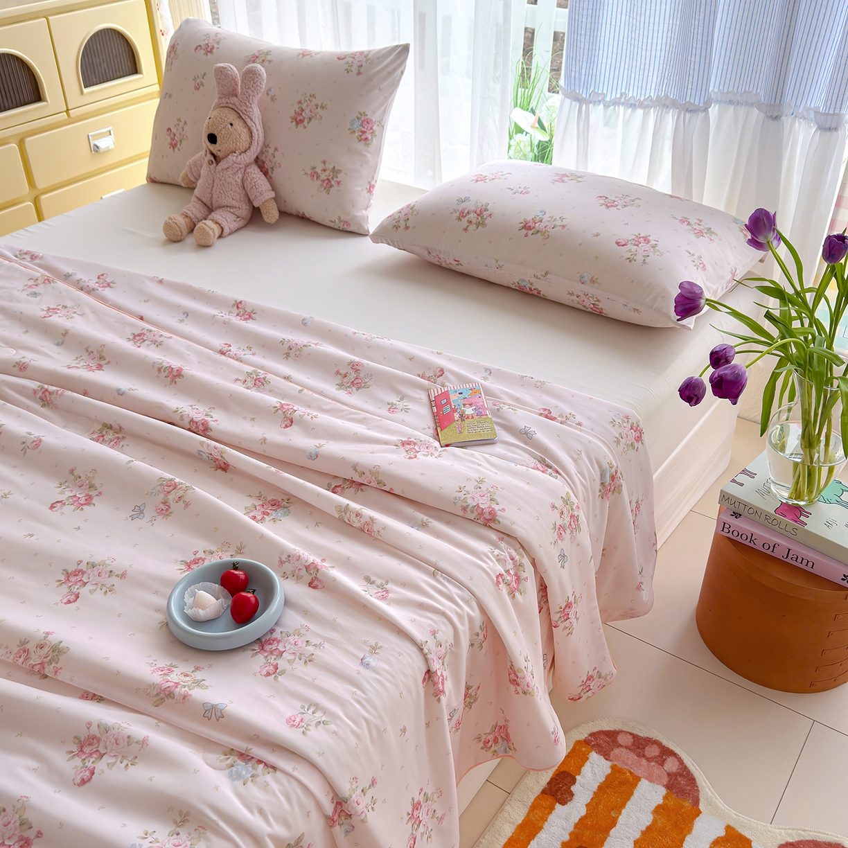 91家纺网 家纺一手货源 找家纺 弗苓家纺 2026新款麻绳款锦氨凉感丝夏被夏凉被空调被 粉樱花