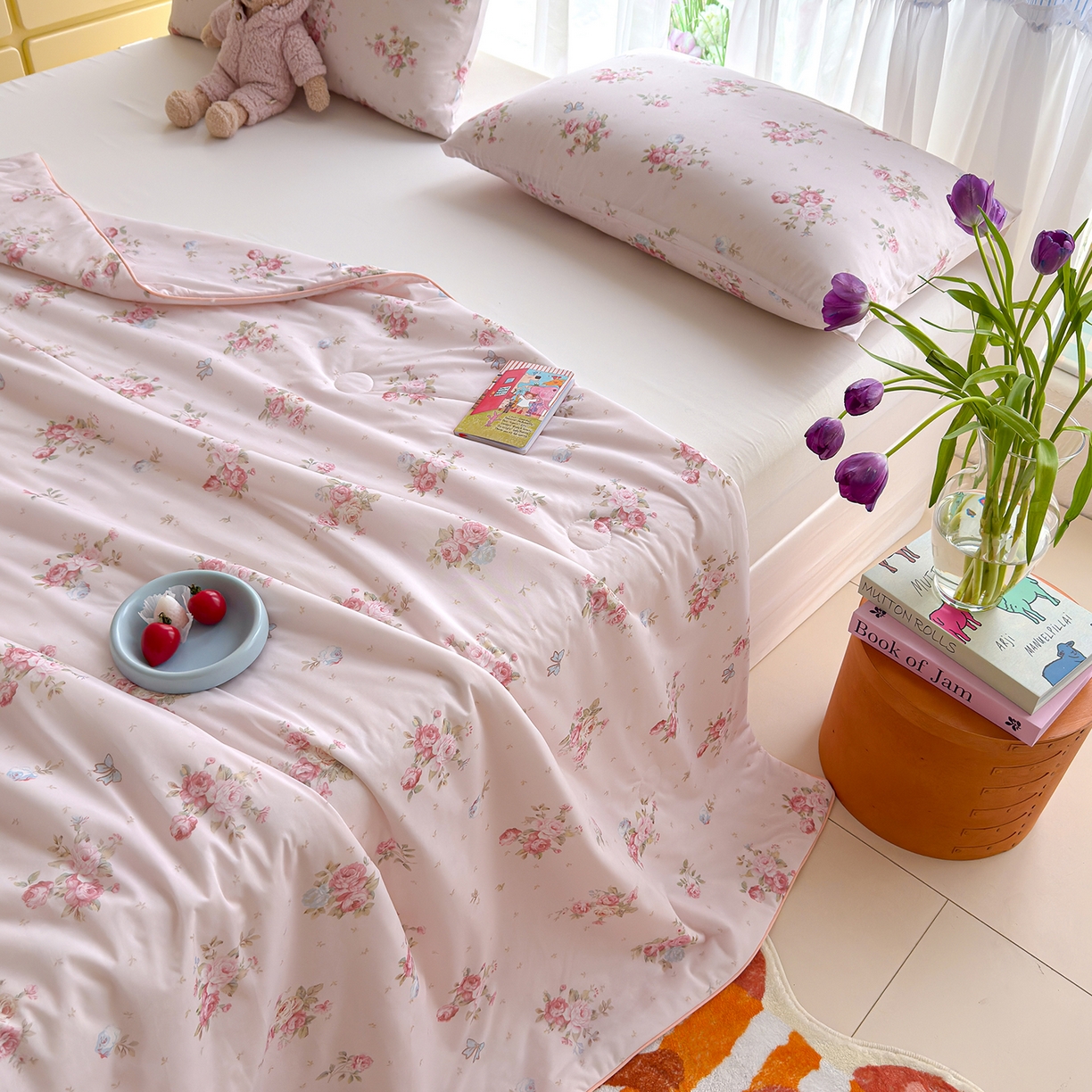 91家纺网 家纺一手货源 找家纺 弗苓家纺 2026新款麻绳款锦氨凉感丝夏被夏凉被空调被 粉樱花