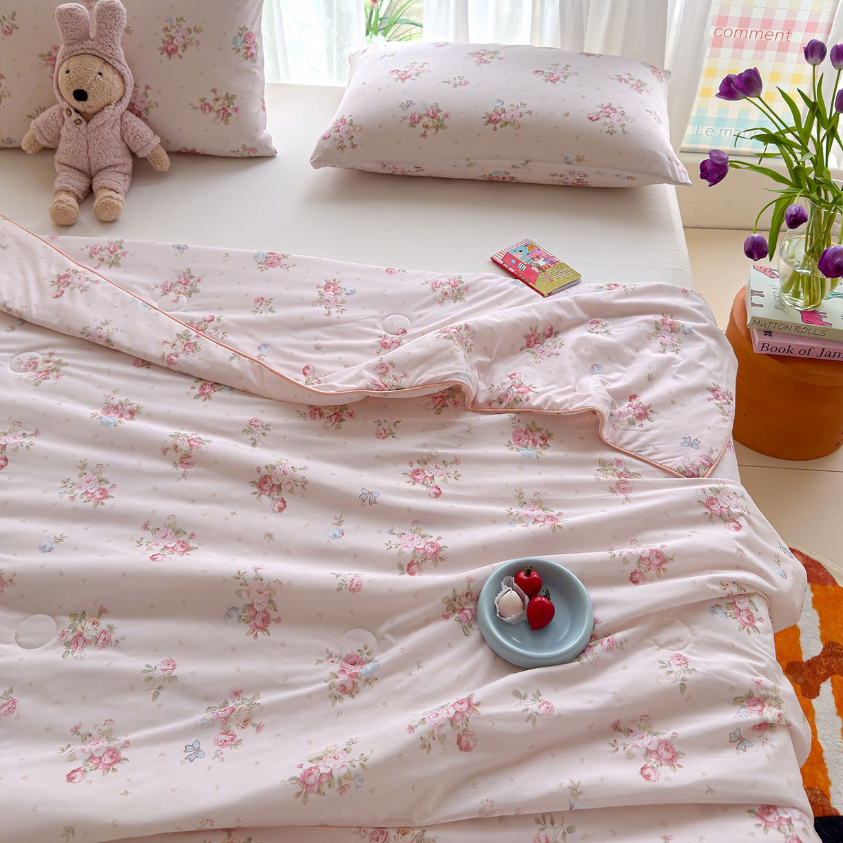 91家纺网 家纺一手货源 找家纺 弗苓家纺 2026新款麻绳款锦氨凉感丝夏被夏凉被空调被 粉樱花