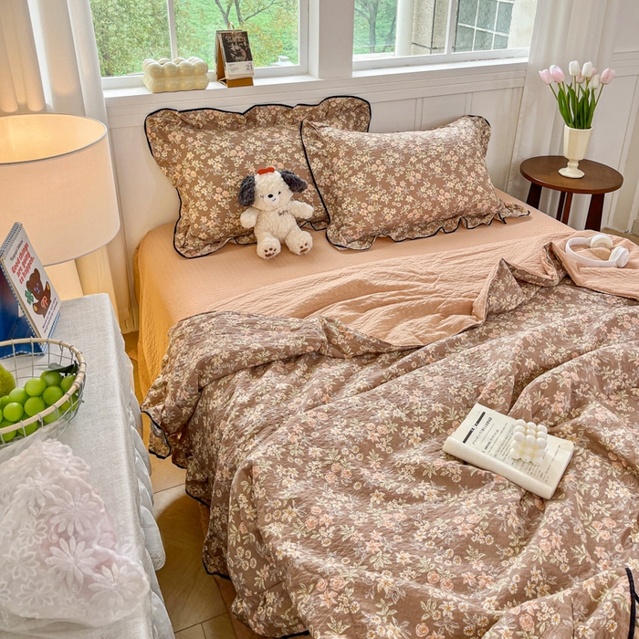 91家纺网 家纺一手货源 找家纺 利禾家纺 2026新款法式花边泡芙纱夏被四件套 桔园