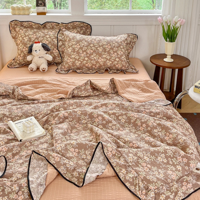 91家纺网 家纺一手货源 找家纺 利禾家纺 2026新款法式花边泡芙纱夏被四件套 桔园