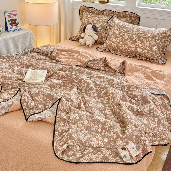 91家纺网 家纺一手货源 找家纺 利禾家纺 2026新款法式花边泡芙纱夏被四件套 桔园