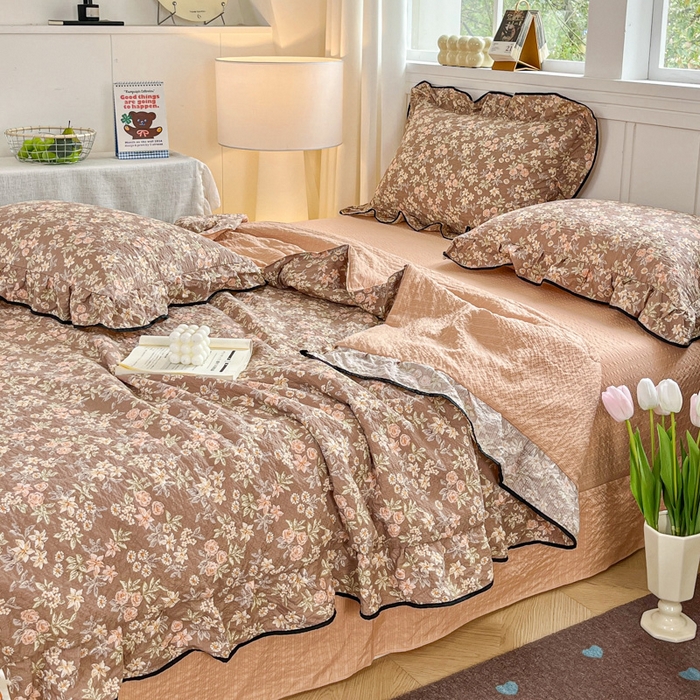 91家纺网 家纺一手货源 找家纺 利禾家纺 2026新款法式花边泡芙纱夏被四件套 桔园