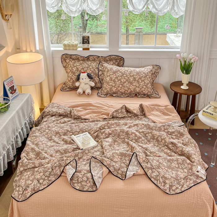 91家纺网 家纺一手货源 找家纺 利禾家纺 2026新款法式花边泡芙纱夏被四件套 桔园