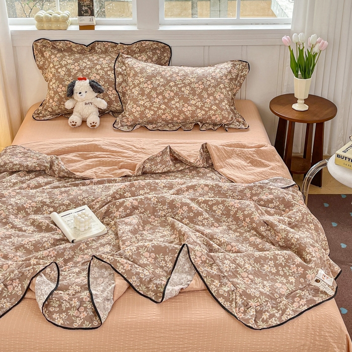 91家纺网 家纺一手货源 找家纺 利禾家纺 2026新款法式花边泡芙纱夏被四件套 桔园