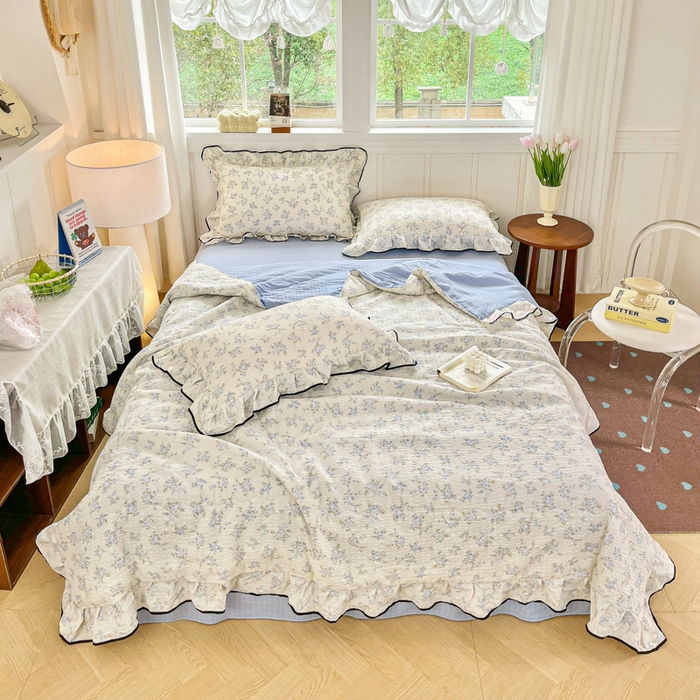 91家纺网 家纺一手货源 找家纺 利禾家纺 2026新款法式花边泡芙纱夏被四件套 兰花草