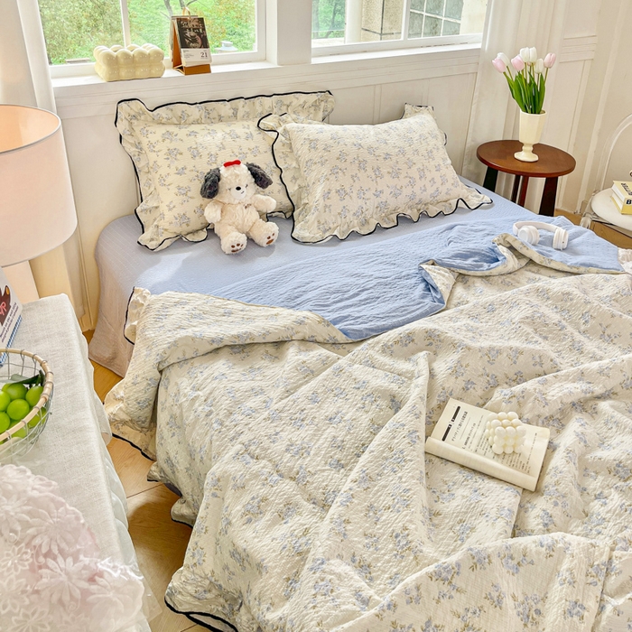 91家纺网 家纺一手货源 找家纺 利禾家纺 2026新款法式花边泡芙纱夏被四件套 兰花草