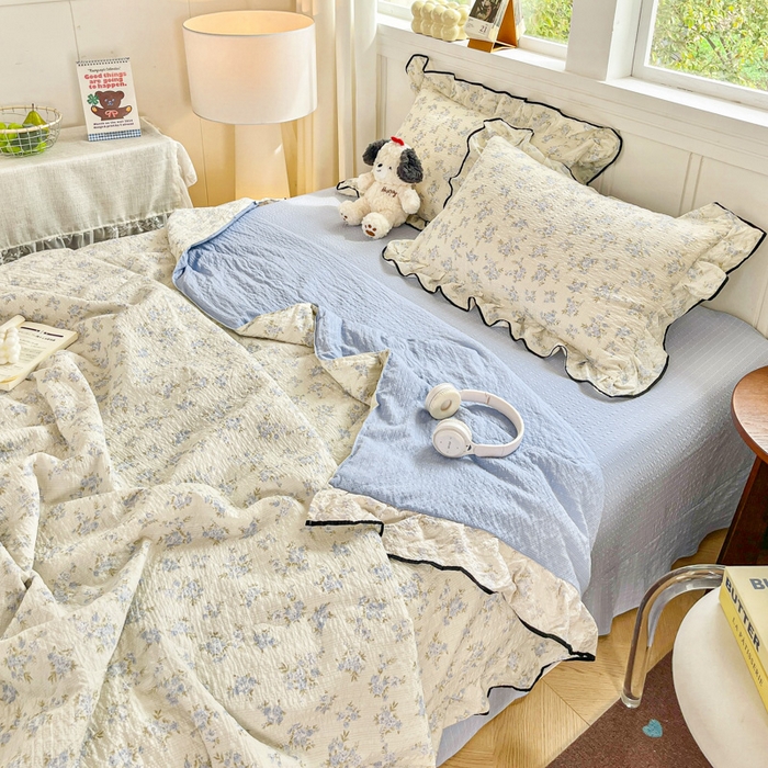 91家纺网 家纺一手货源 找家纺 利禾家纺 2026新款法式花边泡芙纱夏被四件套 兰花草