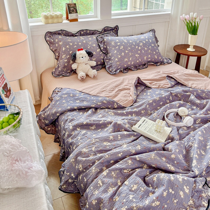 91家纺网 家纺一手货源 找家纺 利禾家纺 2026新款法式花边泡芙纱夏被四件套 米兰灰