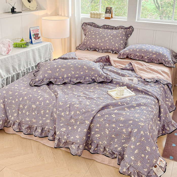 91家纺网 家纺一手货源 找家纺 利禾家纺 2026新款法式花边泡芙纱夏被四件套 米兰灰