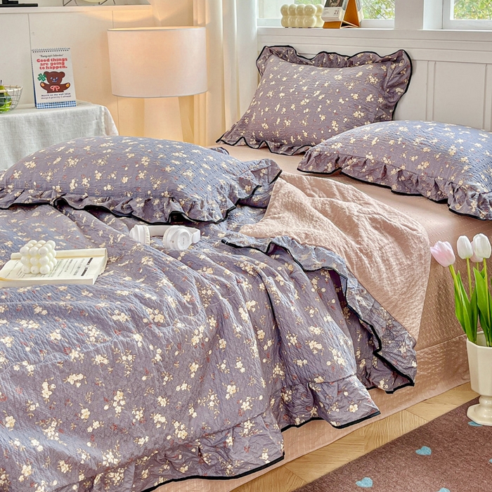 91家纺网 家纺一手货源 找家纺 利禾家纺 2026新款法式花边泡芙纱夏被四件套 米兰灰