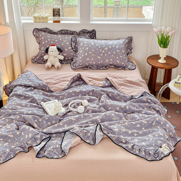 91家纺网 家纺一手货源 找家纺 利禾家纺 2026新款法式花边泡芙纱夏被四件套 米兰灰