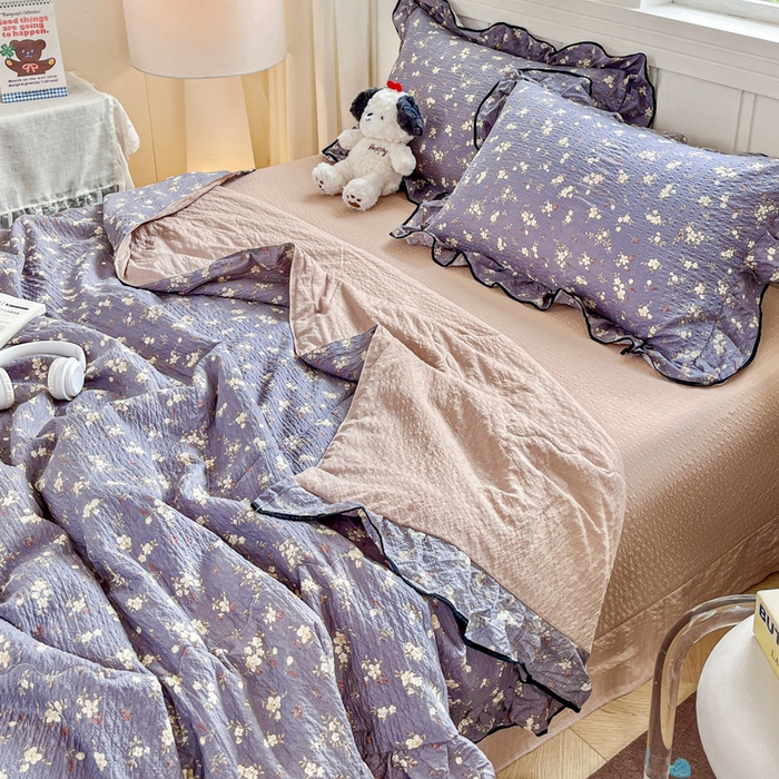 91家纺网 家纺一手货源 找家纺 利禾家纺 2026新款法式花边泡芙纱夏被四件套 米兰灰