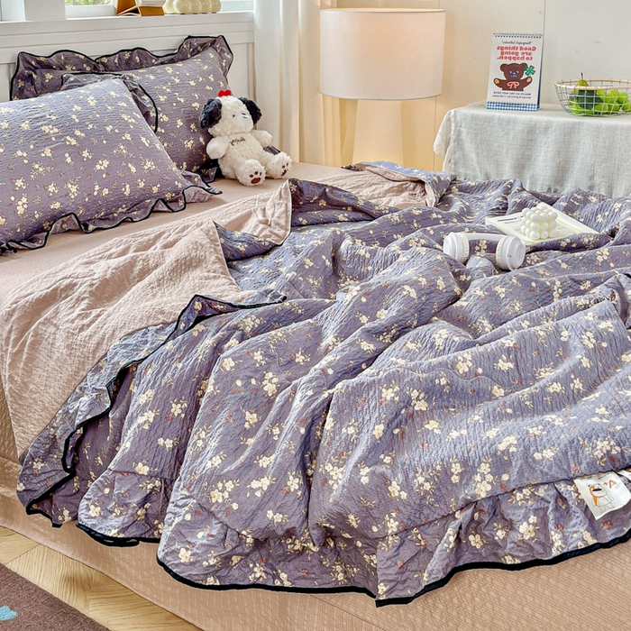 91家纺网 家纺一手货源 找家纺 利禾家纺 2026新款法式花边泡芙纱夏被四件套 米兰灰