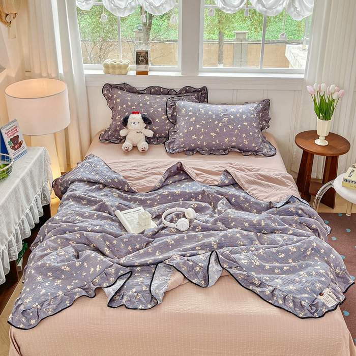 91家纺网 家纺一手货源 找家纺 利禾家纺 2026新款法式花边泡芙纱夏被四件套 米兰灰