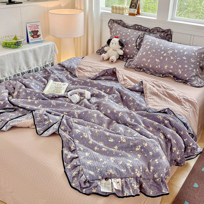 91家纺网 家纺一手货源 找家纺 利禾家纺 2026新款法式花边泡芙纱夏被四件套 米兰灰