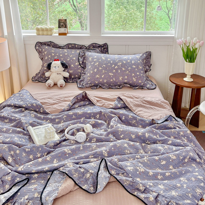 91家纺网 家纺一手货源 找家纺 利禾家纺 2026新款法式花边泡芙纱夏被四件套 米兰灰