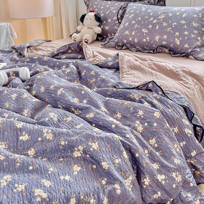 91家纺网 家纺一手货源 找家纺 利禾家纺 2026新款法式花边泡芙纱夏被四件套 米兰灰