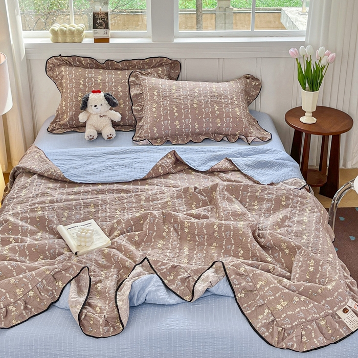 91家纺网 家纺一手货源 找家纺 利禾家纺 2026新款法式花边泡芙纱夏被四件套 情人节咖