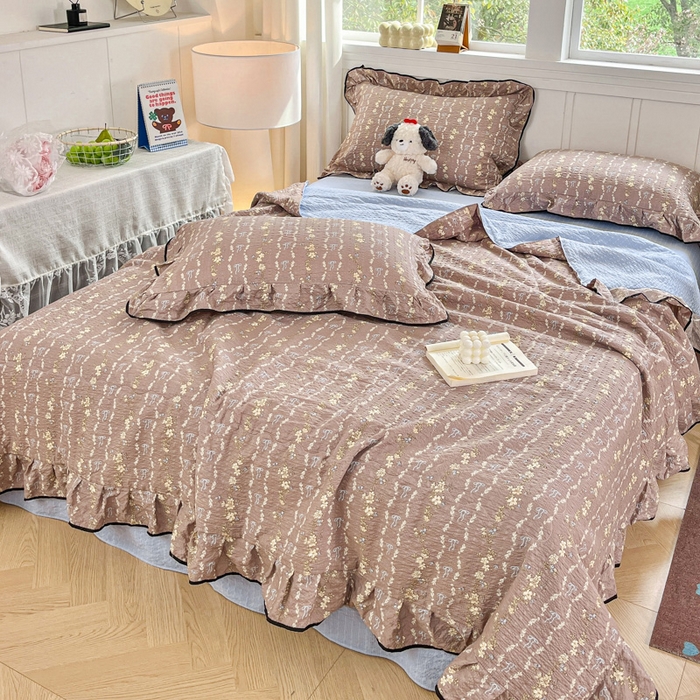 91家纺网 家纺一手货源 找家纺 利禾家纺 2026新款法式花边泡芙纱夏被四件套 情人节咖