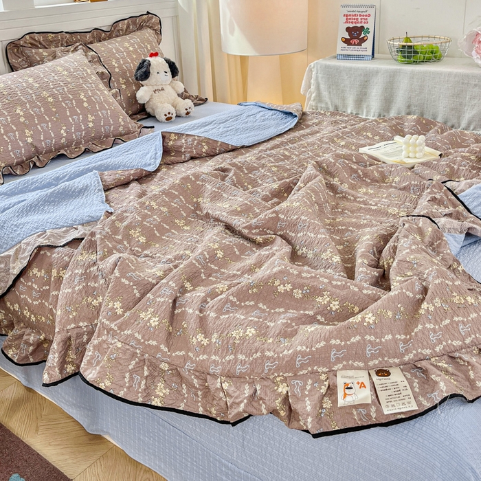 91家纺网 家纺一手货源 找家纺 利禾家纺 2026新款法式花边泡芙纱夏被四件套 情人节咖