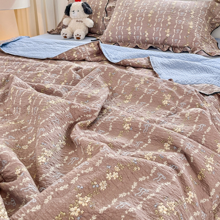 91家纺网 家纺一手货源 找家纺 利禾家纺 2026新款法式花边泡芙纱夏被四件套 情人节咖