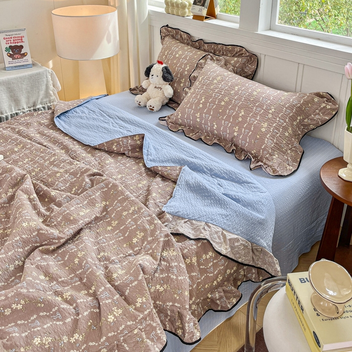 91家纺网 家纺一手货源 找家纺 利禾家纺 2026新款法式花边泡芙纱夏被四件套 情人节咖