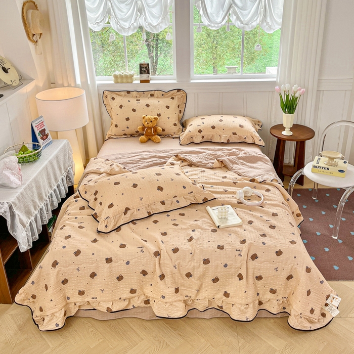 91家纺网 家纺一手货源 找家纺 利禾家纺 2026新款法式花边泡芙纱夏被四件套 曲奇猫