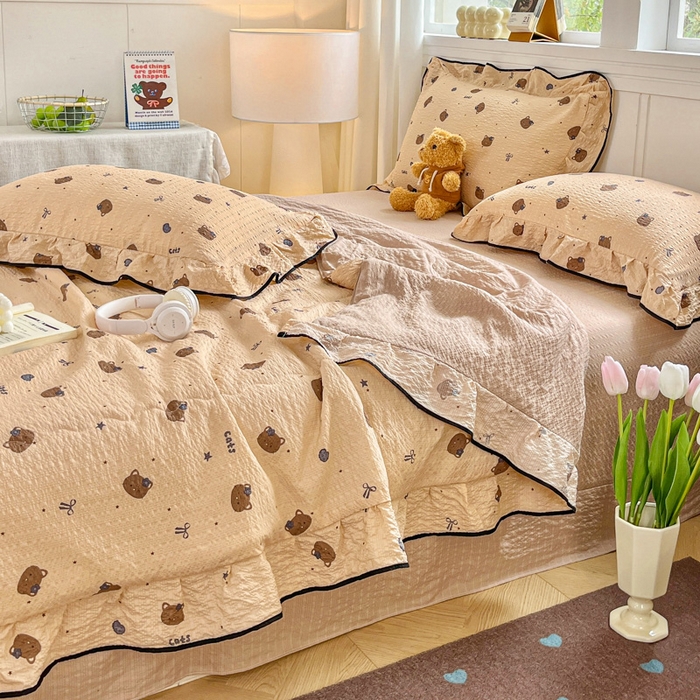 91家纺网 家纺一手货源 找家纺 利禾家纺 2026新款法式花边泡芙纱夏被四件套 曲奇猫