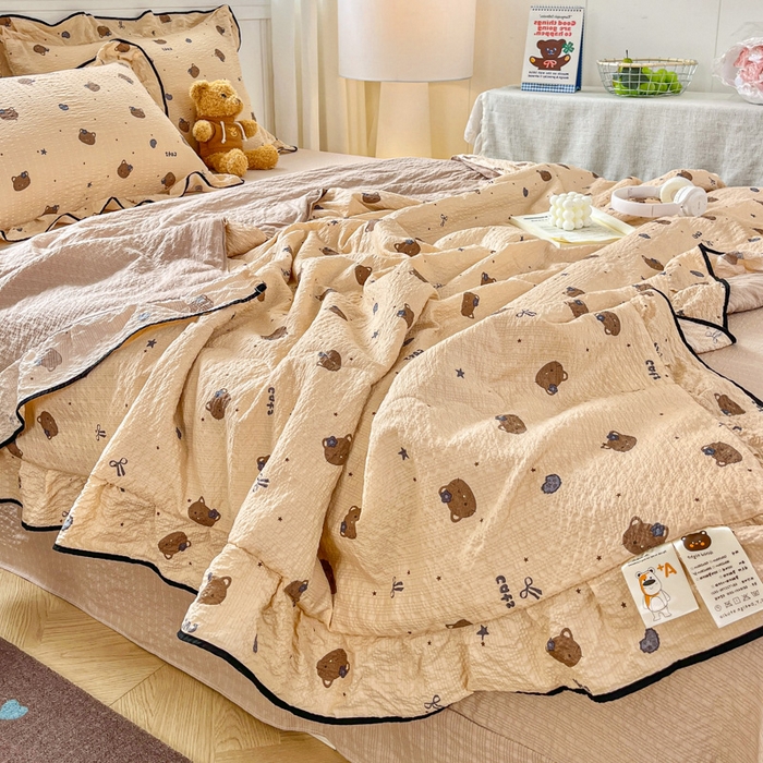 91家纺网 家纺一手货源 找家纺 利禾家纺 2026新款法式花边泡芙纱夏被四件套 曲奇猫