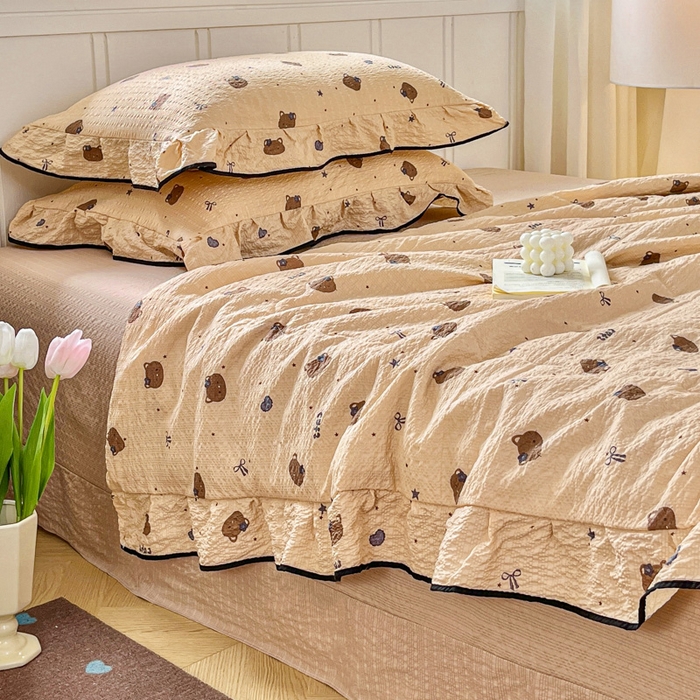 91家纺网 家纺一手货源 找家纺 利禾家纺 2026新款法式花边泡芙纱夏被四件套 曲奇猫