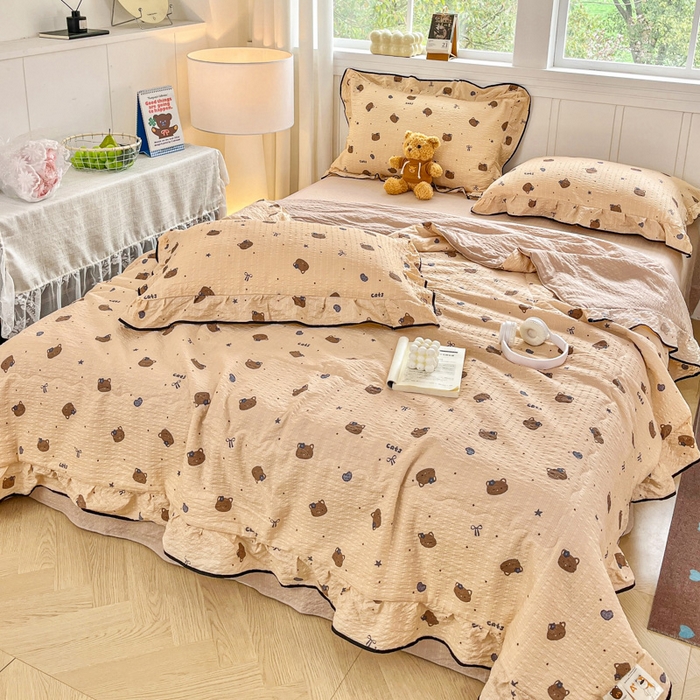 91家纺网 家纺一手货源 找家纺 利禾家纺 2026新款法式花边泡芙纱夏被四件套 曲奇猫