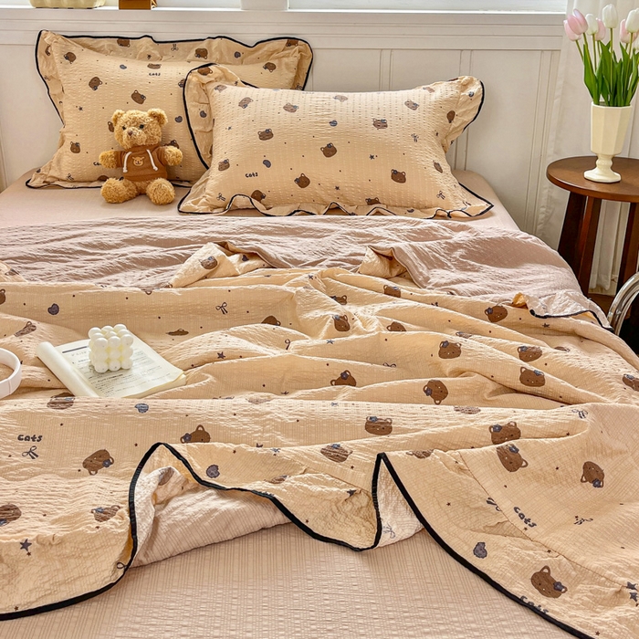 91家纺网 家纺一手货源 找家纺 利禾家纺 2026新款法式花边泡芙纱夏被四件套 曲奇猫