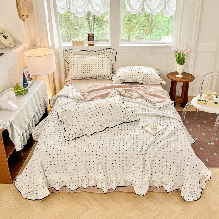 91家纺网 家纺一手货源 找家纺 利禾家纺 2026新款法式花边泡芙纱夏被四件套 心心相印